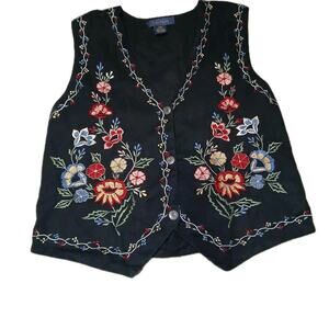Life Style Embroidered Floral Vest Women P/M Button Front Boho Cottagecore Folk